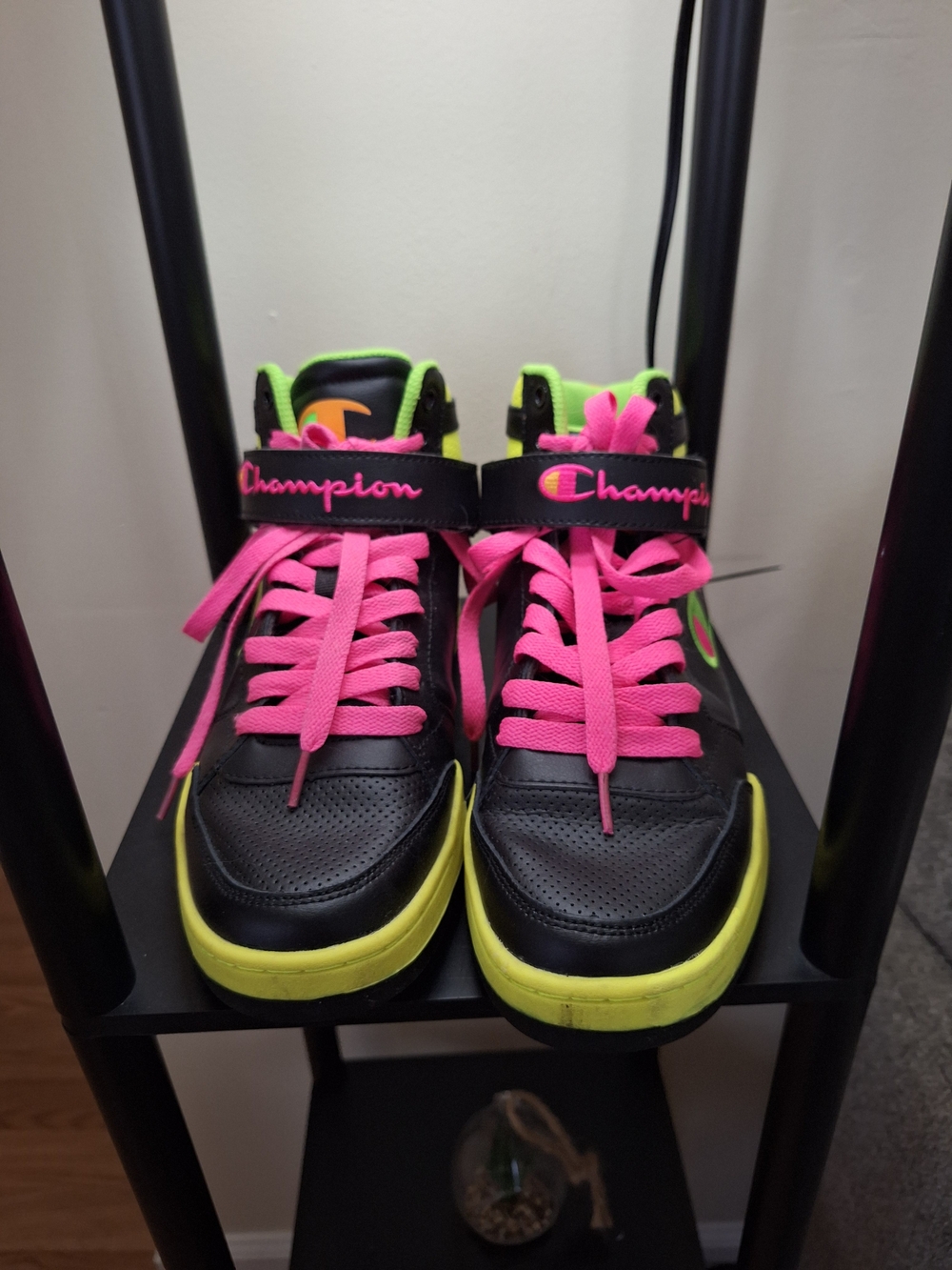 Champion Womens Black Sneakers with Neon Pink Laces & Lime Accents